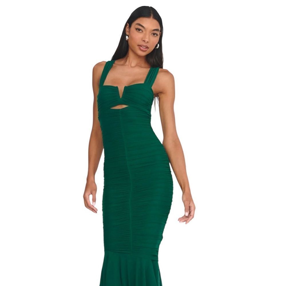Selfie Leslie Nadia Ruched Fishtail Maxi Dress Green NWT